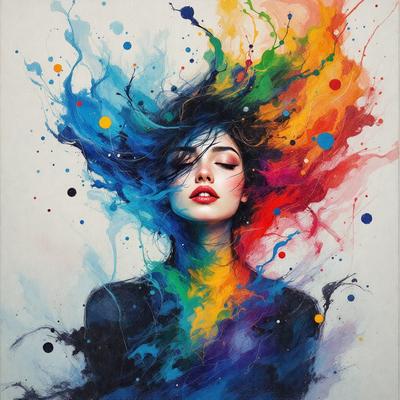 The primary subject of the image is a woman with long hair, who is the main focus of the scene. She is depicted in a colorful, artistic manner, with her hair flowing and her eyes closed. The setting is a colorful background, which adds to the overall atmosphere of the image. The visual style is a combination of digital art and illustration, creating a vibrant and dynamic portrait of the woman. The colors and mood of the image are lively and energetic, with the woman's hair